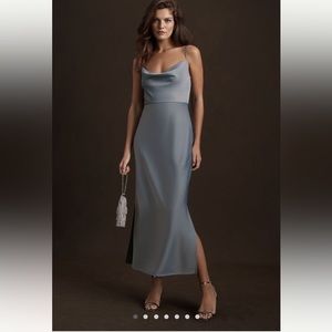 BHLDN Cali Satin MIDI Dress in Dusty Blue